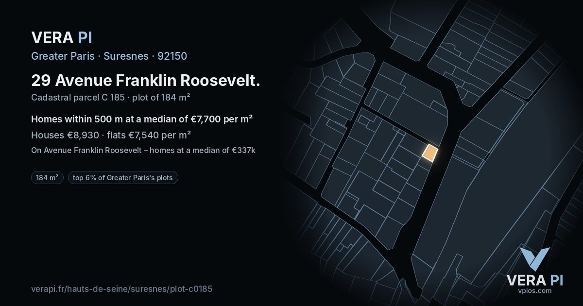 29 Avenue Franklin Roosevelt, Suresnes at night – the plot lit, the parcels around coloured by the prices near them