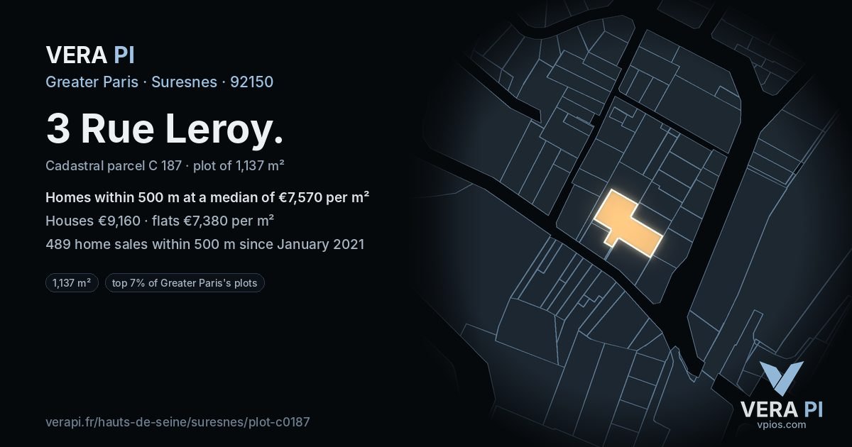 3 Rue Leroy, Suresnes at night – the plot lit, the parcels around coloured by the prices near them