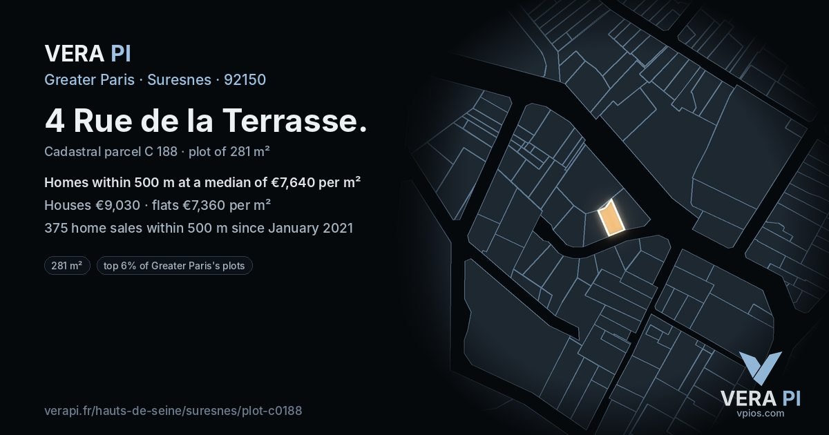 4 Rue de la Terrasse, Suresnes at night – the plot lit, the parcels around coloured by the prices near them