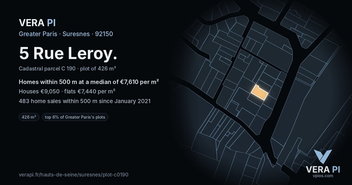 5 Rue Leroy, Suresnes at night – the plot lit, the parcels around coloured by the prices near them