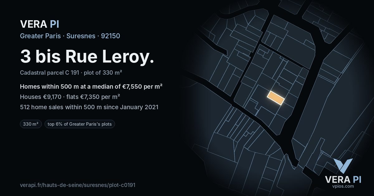 3 bis Rue Leroy, Suresnes at night – the plot lit, the parcels around coloured by the prices near them