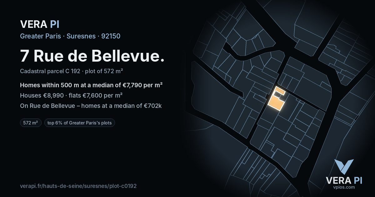 7 Rue de Bellevue, Suresnes at night – the plot lit, the parcels around coloured by the prices near them