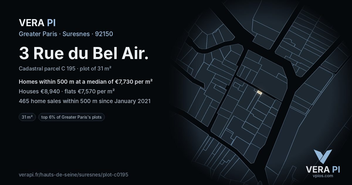 3 Rue du Bel Air, Suresnes at night – the plot lit, the parcels around coloured by the prices near them