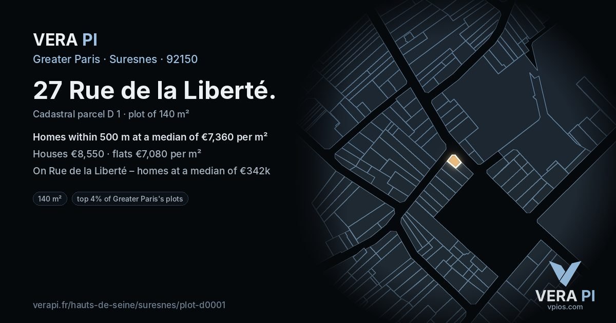 27 Rue de la Liberté, Suresnes at night – the plot lit, the parcels around coloured by the prices near them