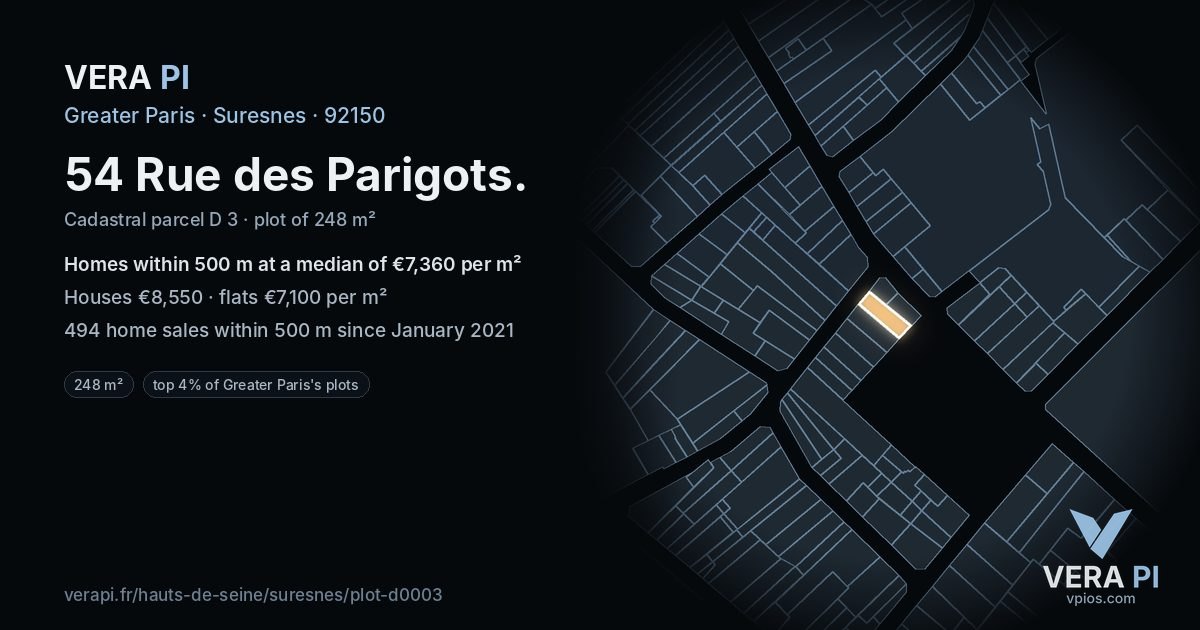 54 Rue des Parigots, Suresnes at night – the plot lit, the parcels around coloured by the prices near them