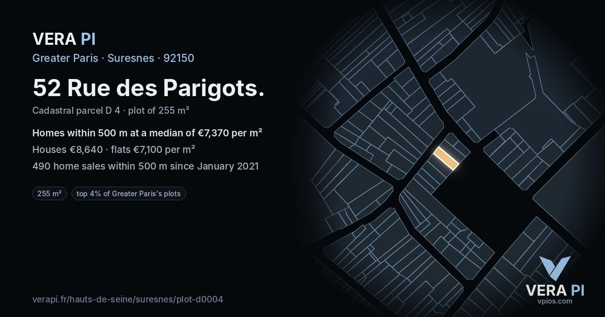 52 Rue des Parigots, Suresnes at night – the plot lit, the parcels around coloured by the prices near them