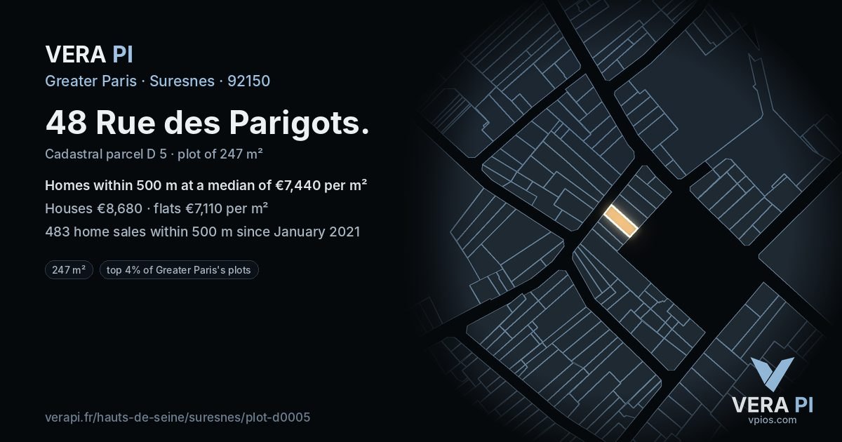 48 Rue des Parigots, Suresnes at night – the plot lit, the parcels around coloured by the prices near them