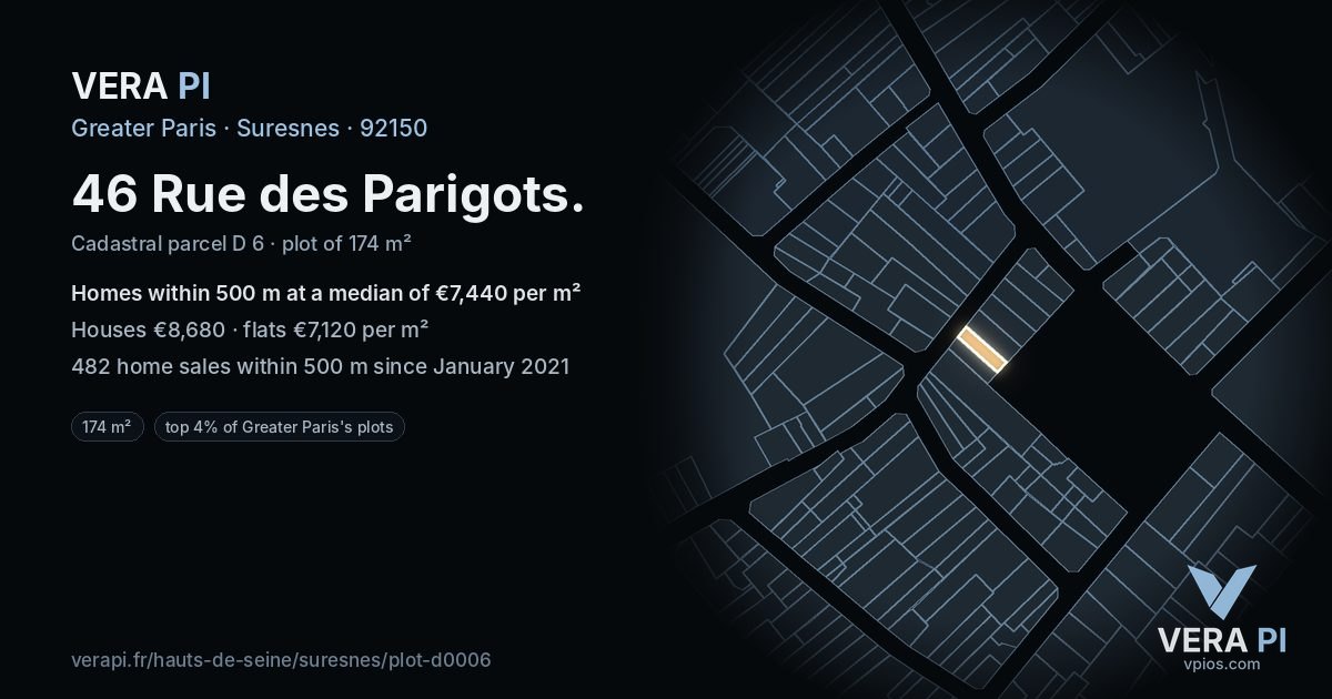 46 Rue des Parigots, Suresnes at night – the plot lit, the parcels around coloured by the prices near them