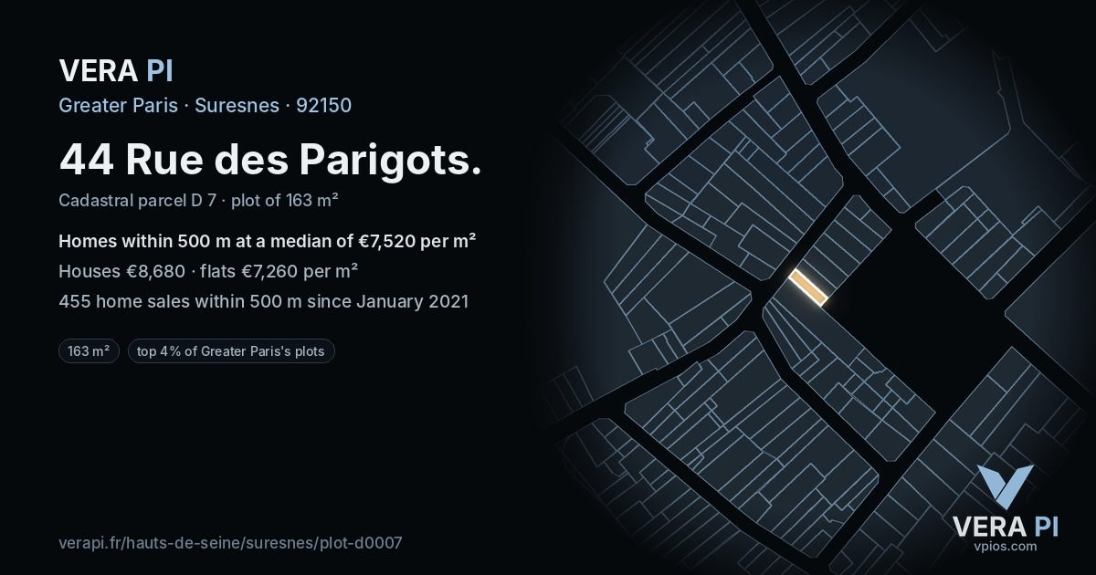 44 Rue des Parigots, Suresnes at night – the plot lit, the parcels around coloured by the prices near them