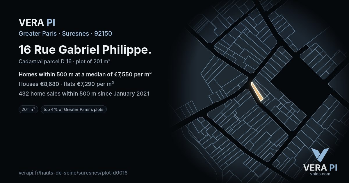 16 Rue Gabriel Philippe, Suresnes at night – the plot lit, the parcels around coloured by the prices near them