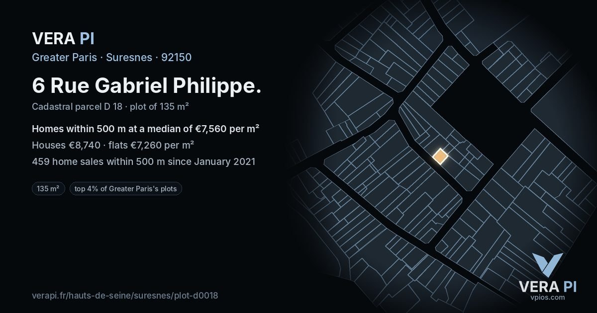 6 Rue Gabriel Philippe, Suresnes at night – the plot lit, the parcels around coloured by the prices near them