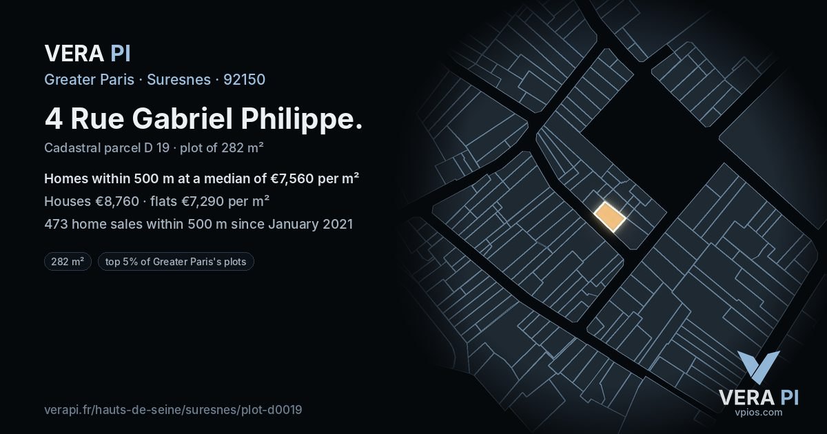4 Rue Gabriel Philippe, Suresnes at night – the plot lit, the parcels around coloured by the prices near them