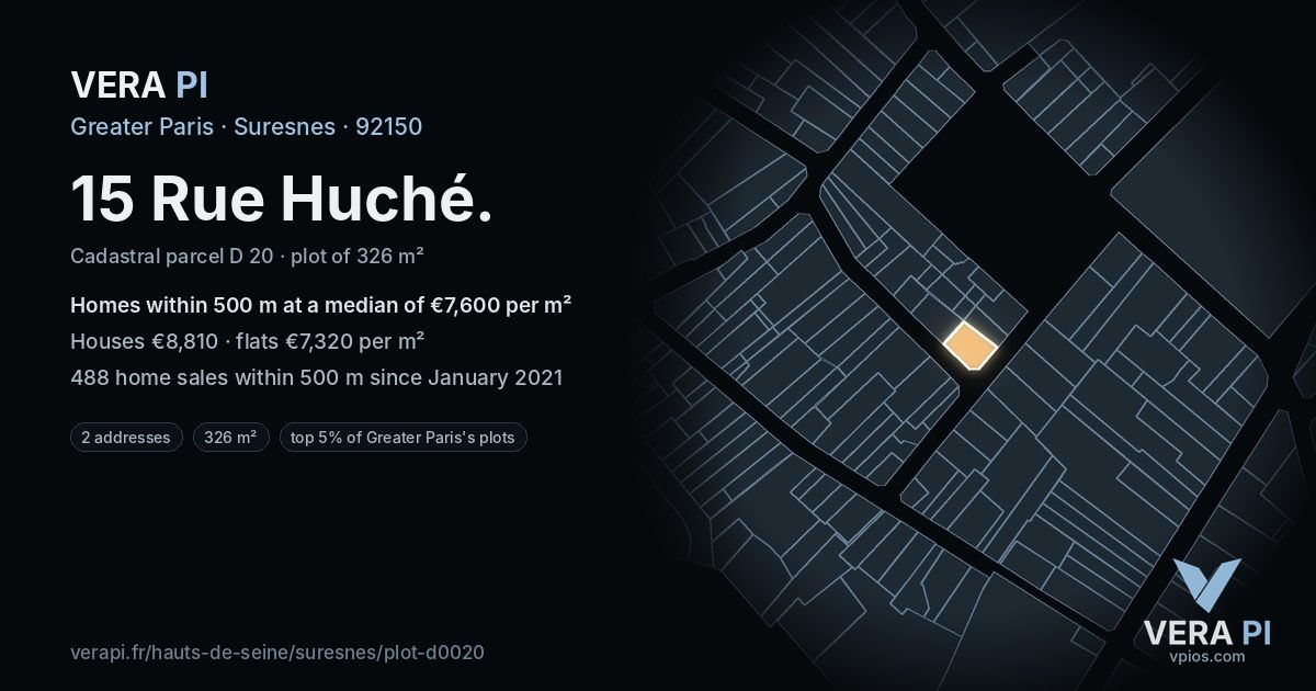 15 Rue Huché, Suresnes at night – the plot lit, the parcels around coloured by the prices near them