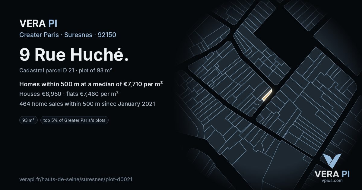 9 Rue Huché, Suresnes at night – the plot lit, the parcels around coloured by the prices near them