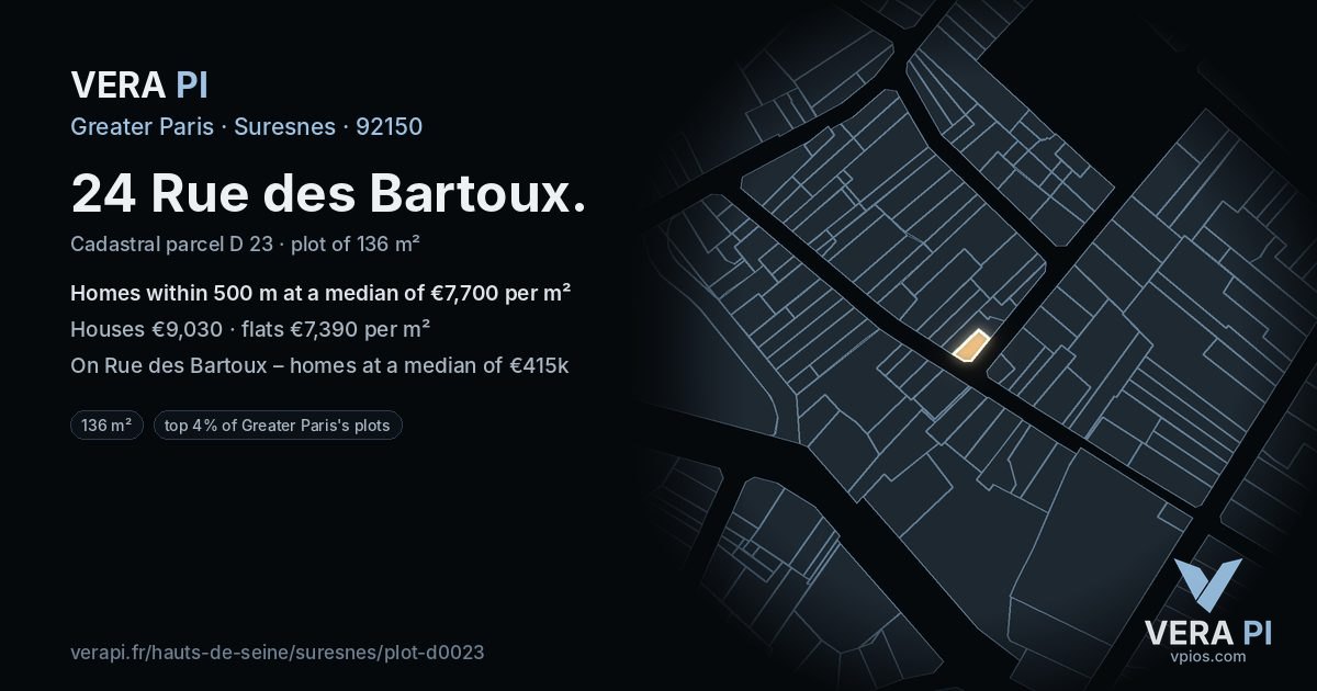 24 Rue des Bartoux, Suresnes at night – the plot lit, the parcels around coloured by the prices near them