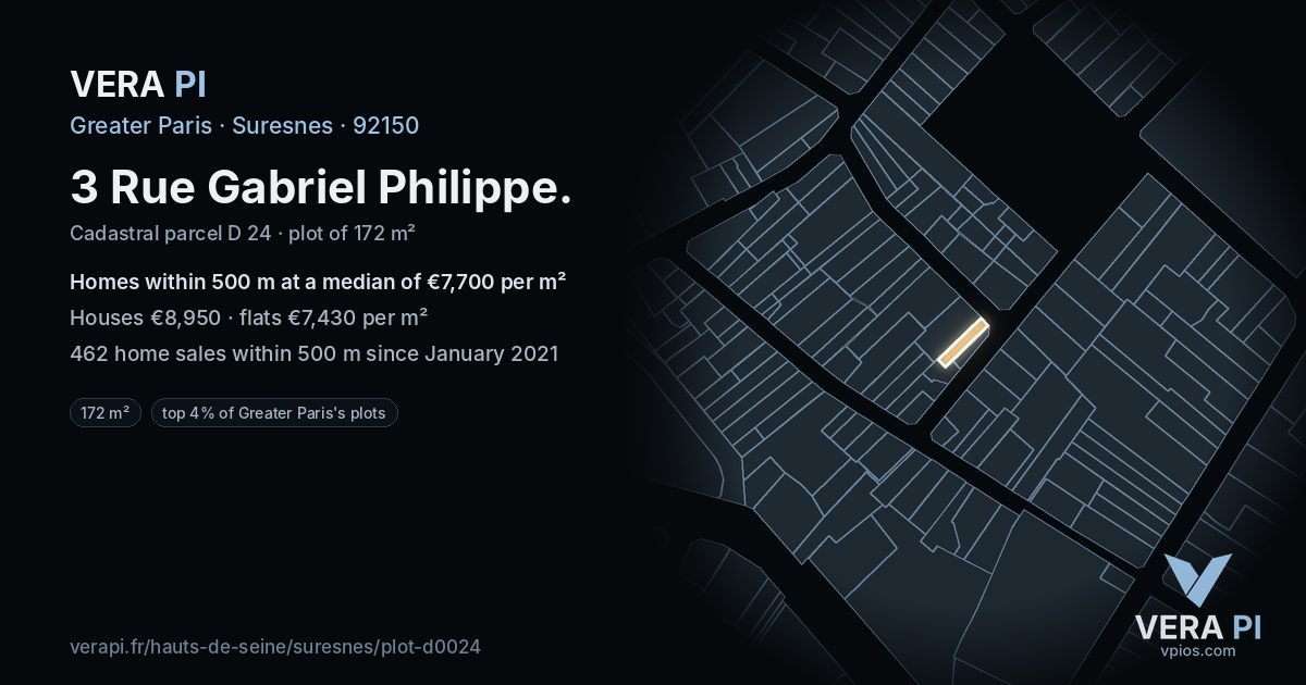 3 Rue Gabriel Philippe, Suresnes at night – the plot lit, the parcels around coloured by the prices near them
