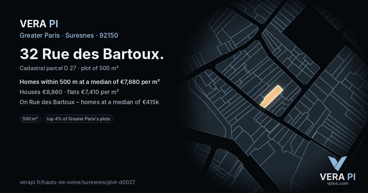 32 Rue des Bartoux, Suresnes at night – the plot lit, the parcels around coloured by the prices near them