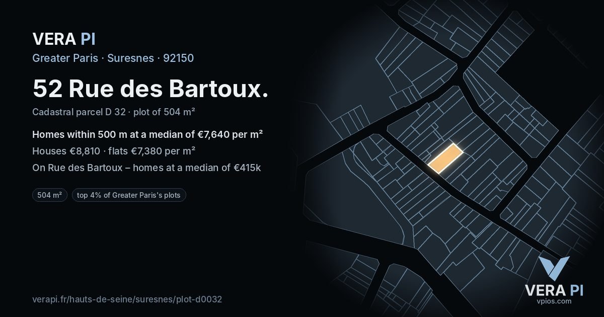 52 Rue des Bartoux, Suresnes at night – the plot lit, the parcels around coloured by the prices near them