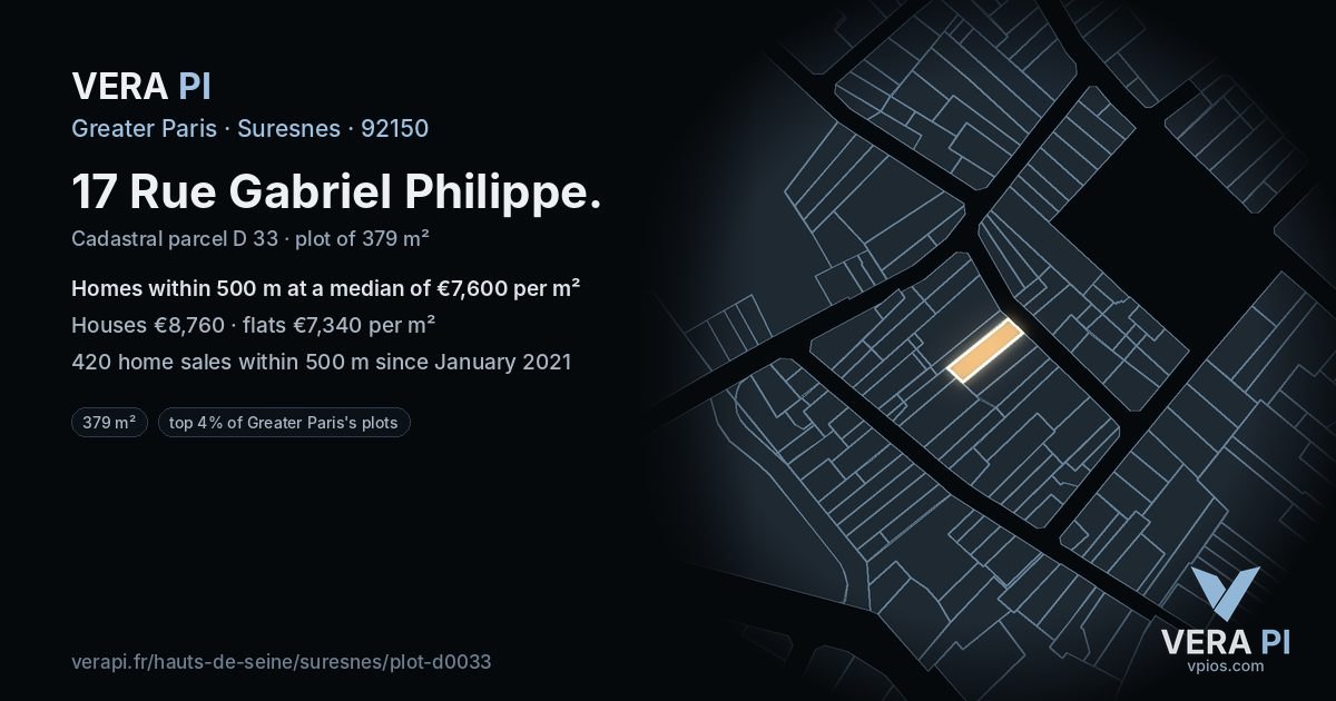 17 Rue Gabriel Philippe, Suresnes at night – the plot lit, the parcels around coloured by the prices near them