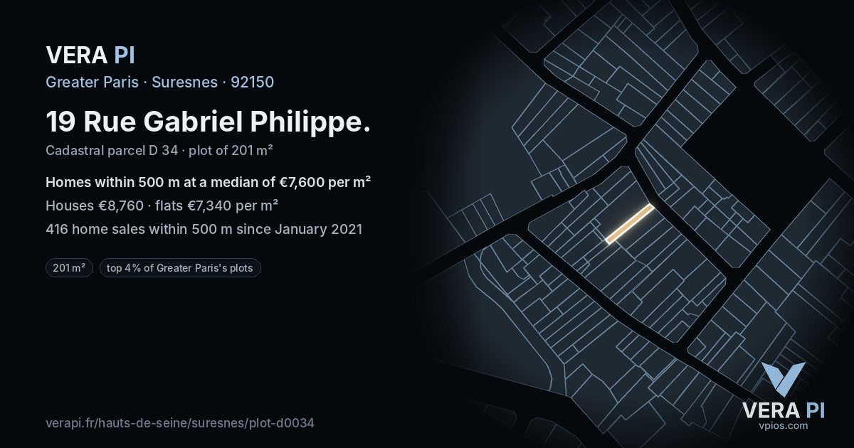 19 Rue Gabriel Philippe, Suresnes at night – the plot lit, the parcels around coloured by the prices near them