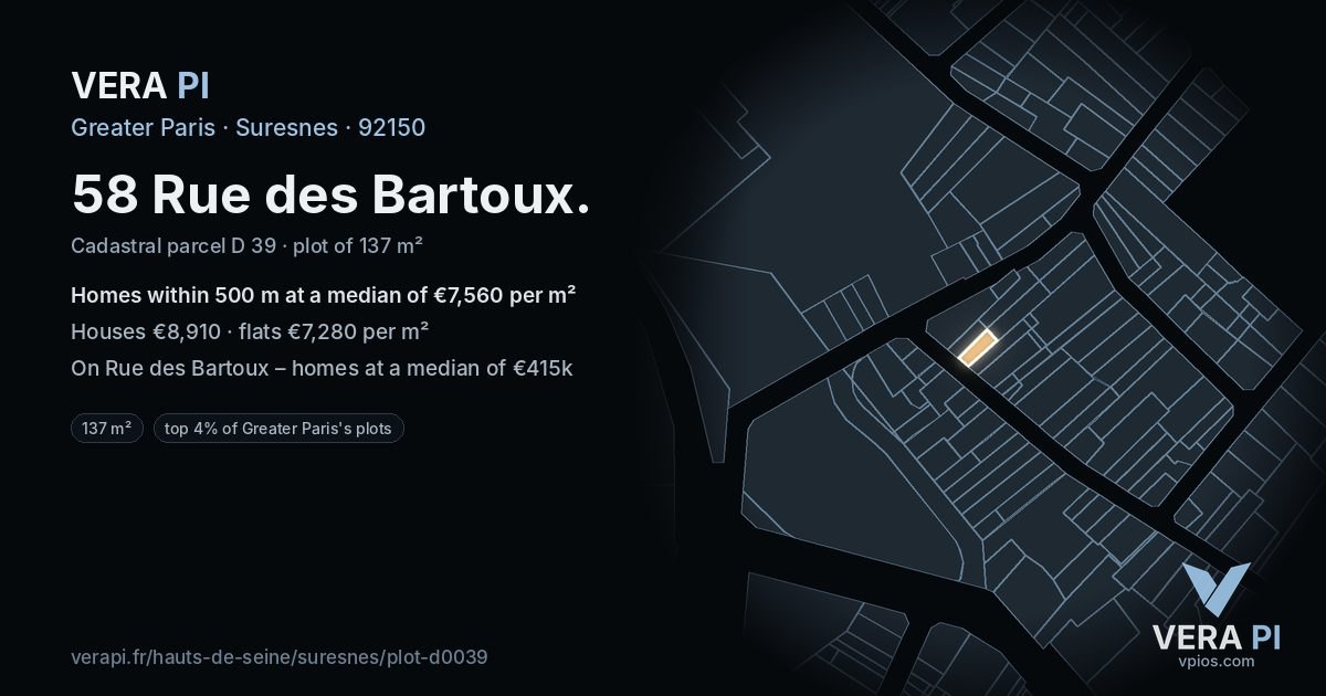 58 Rue des Bartoux, Suresnes at night – the plot lit, the parcels around coloured by the prices near them