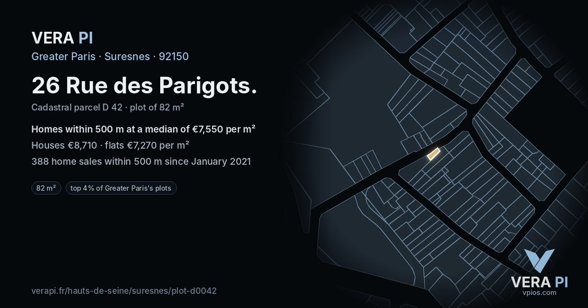 26 Rue des Parigots, Suresnes at night – the plot lit, the parcels around coloured by the prices near them