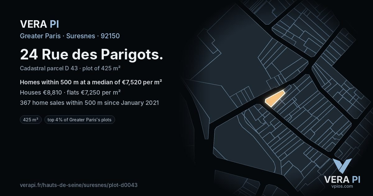 24 Rue des Parigots, Suresnes at night – the plot lit, the parcels around coloured by the prices near them