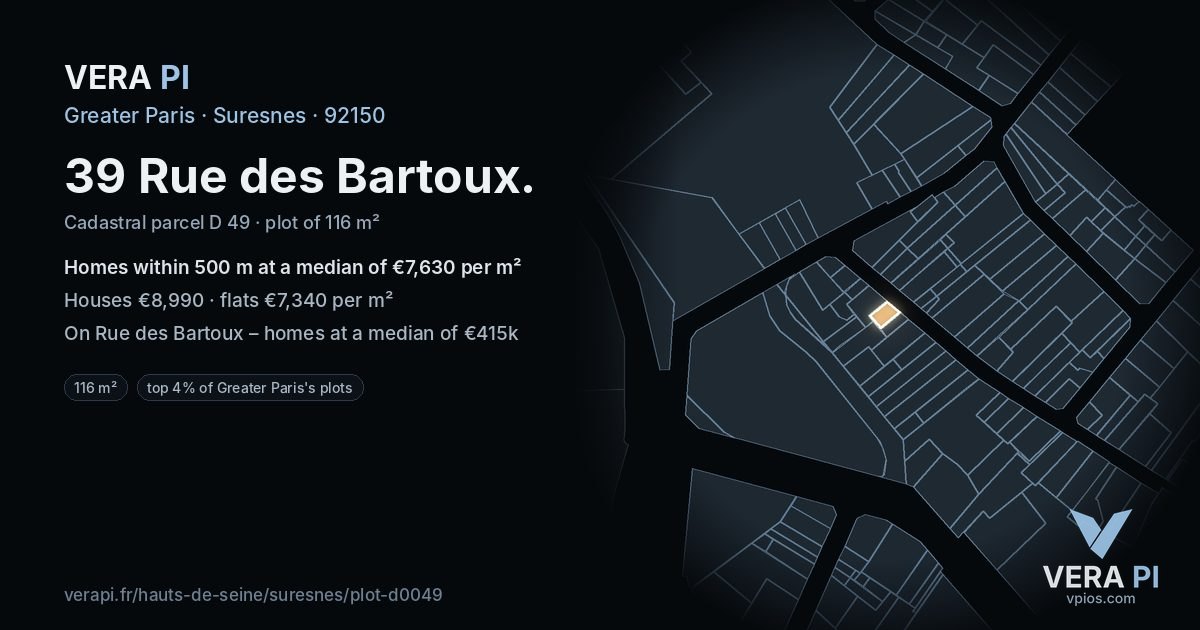 39 Rue des Bartoux, Suresnes at night – the plot lit, the parcels around coloured by the prices near them