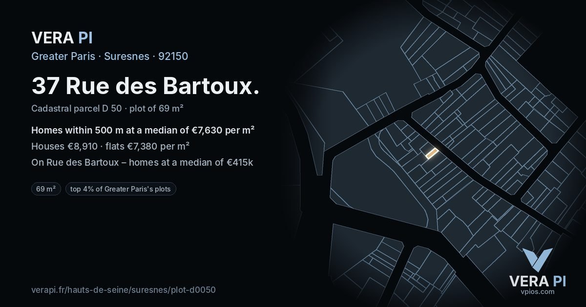 37 Rue des Bartoux, Suresnes at night – the plot lit, the parcels around coloured by the prices near them