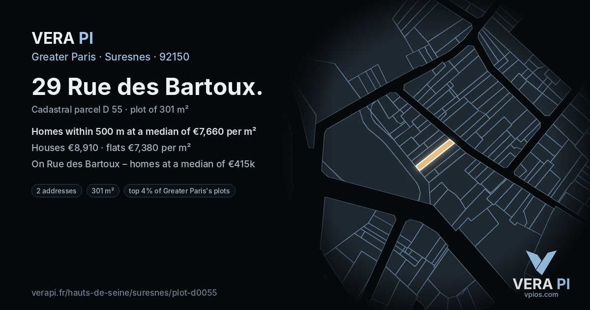 29 Rue des Bartoux, Suresnes at night – the plot lit, the parcels around coloured by the prices near them