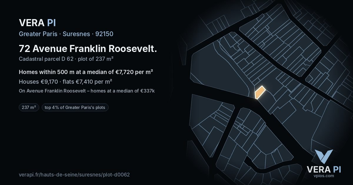 72 Avenue Franklin Roosevelt, Suresnes at night – the plot lit, the parcels around coloured by the prices near them