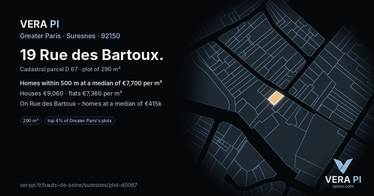 19 Rue des Bartoux, Suresnes at night – the plot lit, the parcels around coloured by the prices near them