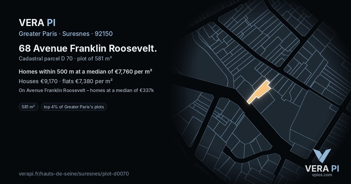 68 Avenue Franklin Roosevelt, Suresnes at night – the plot lit, the parcels around coloured by the prices near them