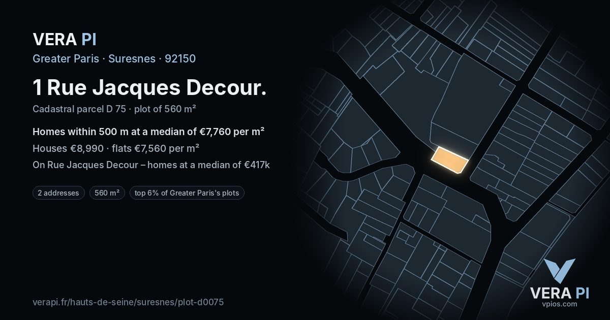 1 Rue Jacques Decour, Suresnes at night – the plot lit, the parcels around coloured by the prices near them