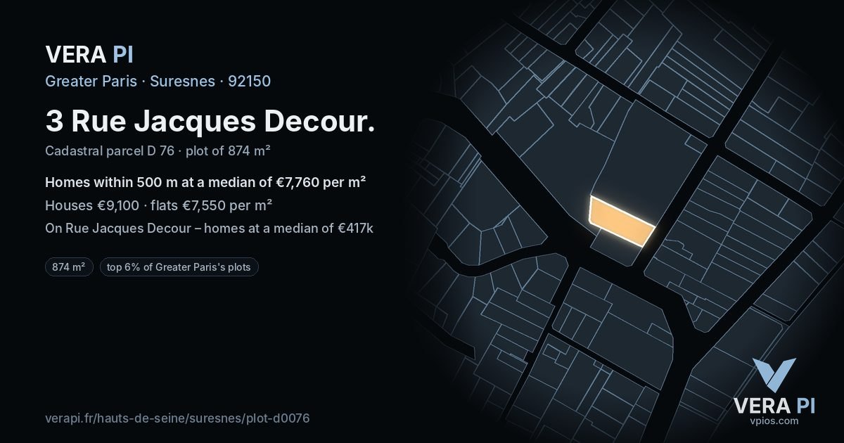 3 Rue Jacques Decour, Suresnes at night – the plot lit, the parcels around coloured by the prices near them
