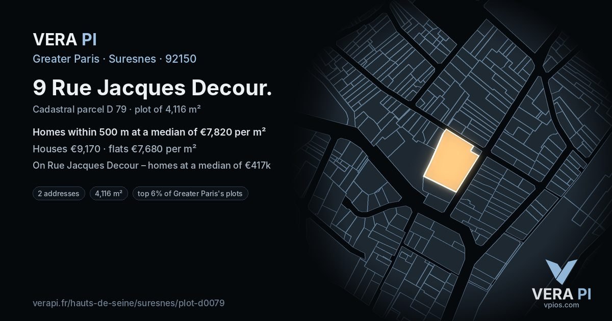9 Rue Jacques Decour, Suresnes at night – the plot lit, the parcels around coloured by the prices near them