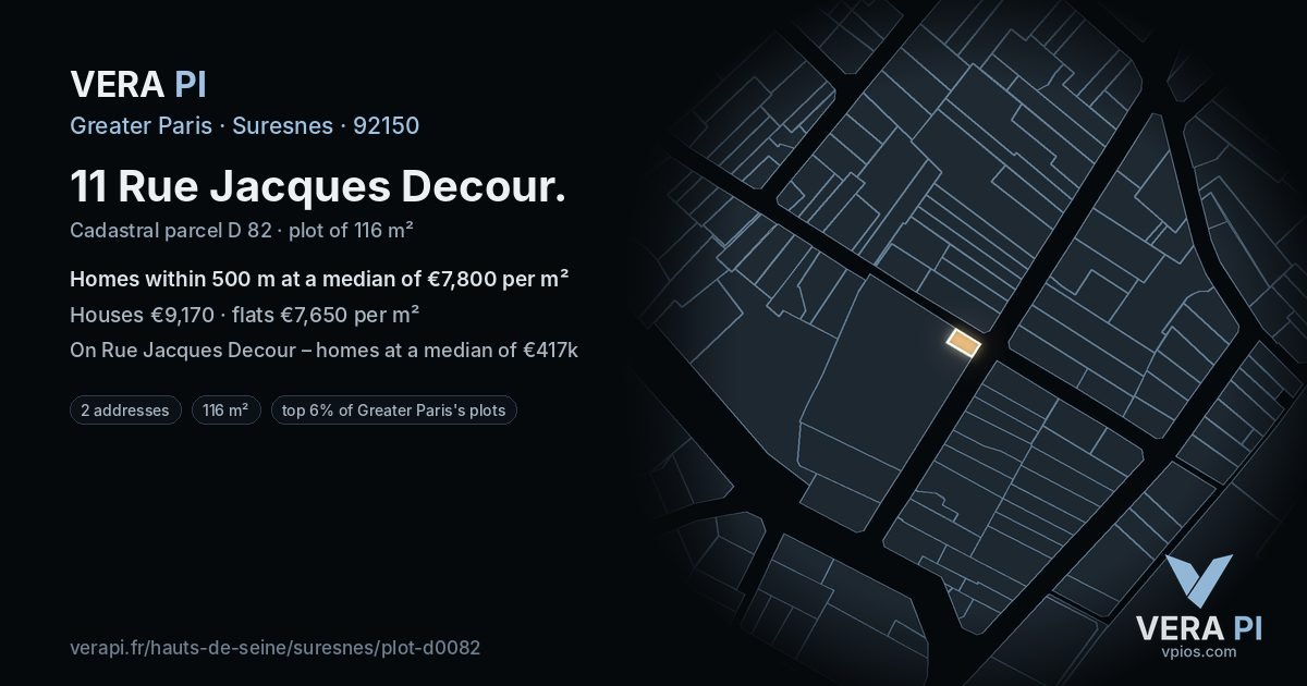 11 Rue Jacques Decour, Suresnes at night – the plot lit, the parcels around coloured by the prices near them
