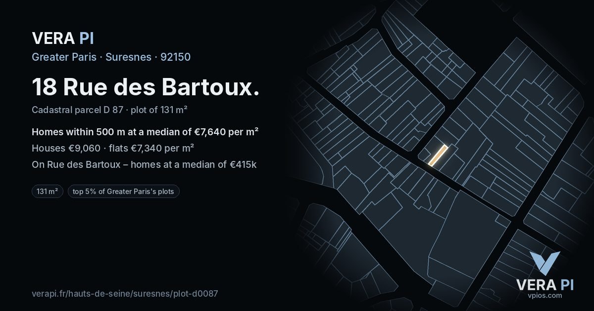 18 Rue des Bartoux, Suresnes at night – the plot lit, the parcels around coloured by the prices near them