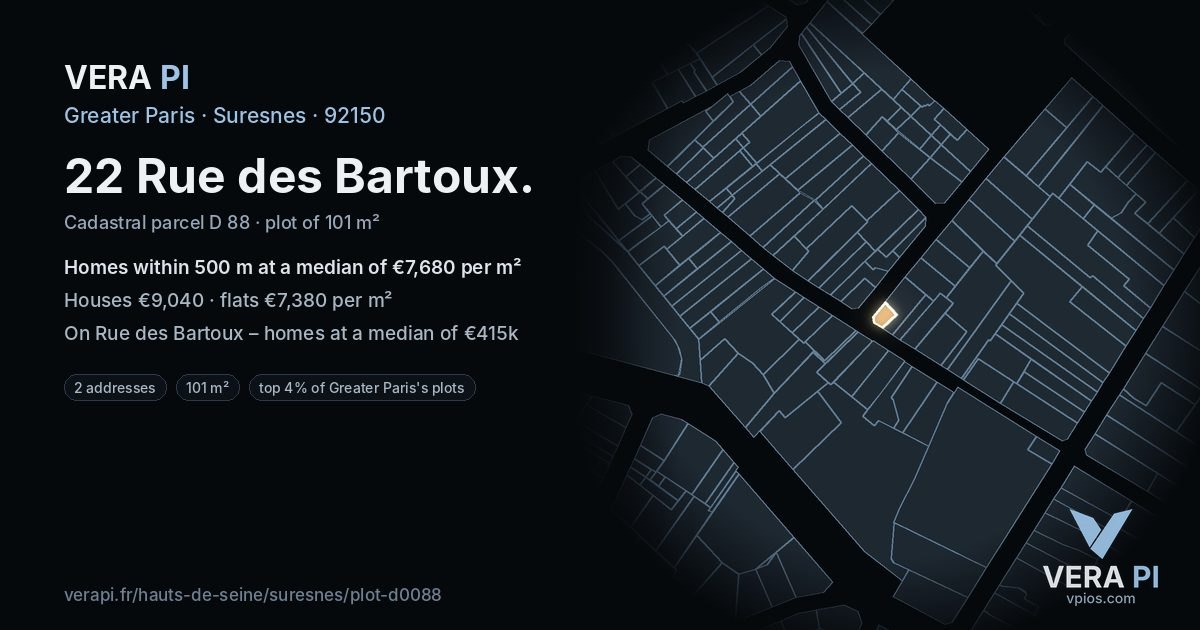 22 Rue des Bartoux, Suresnes at night – the plot lit, the parcels around coloured by the prices near them
