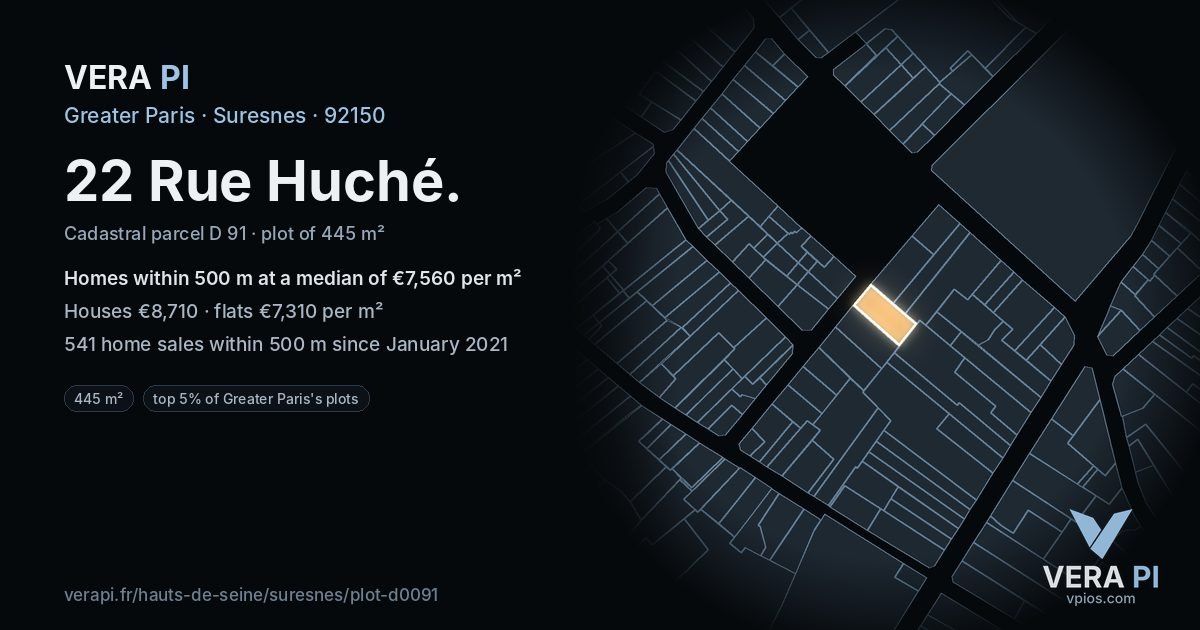 22 Rue Huché, Suresnes at night – the plot lit, the parcels around coloured by the prices near them