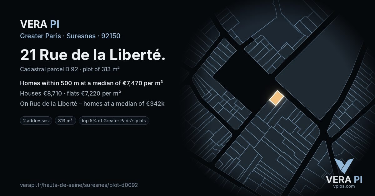 21 Rue de la Liberté, Suresnes at night – the plot lit, the parcels around coloured by the prices near them