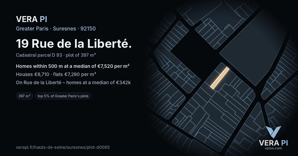 19 Rue de la Liberté, Suresnes at night – the plot lit, the parcels around coloured by the prices near them