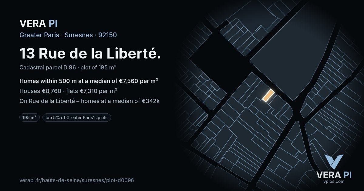 13 Rue de la Liberté, Suresnes at night – the plot lit, the parcels around coloured by the prices near them
