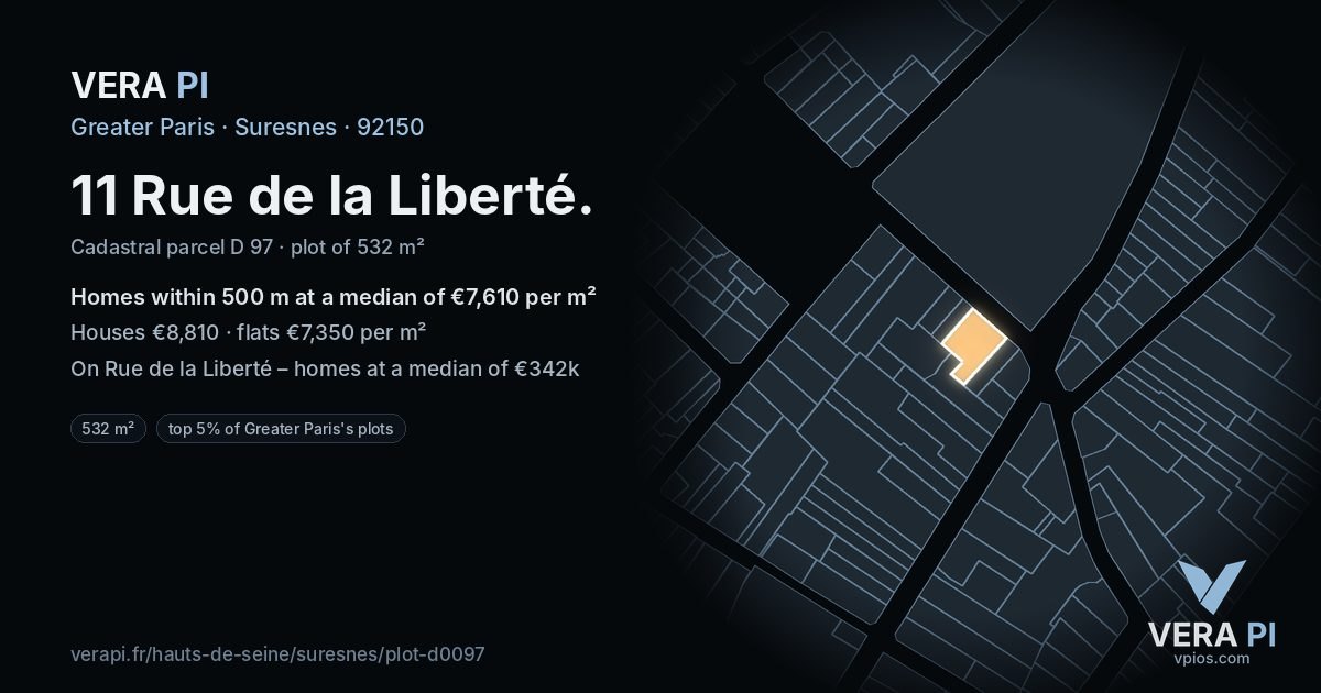 11 Rue de la Liberté, Suresnes at night – the plot lit, the parcels around coloured by the prices near them