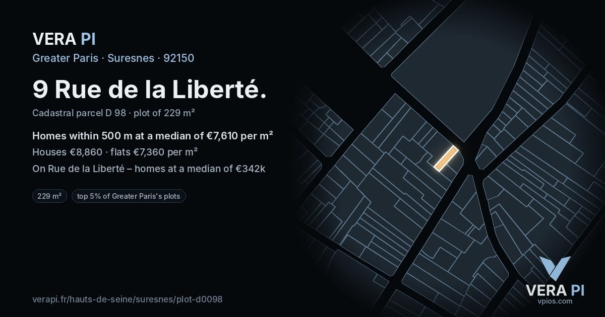 9 Rue de la Liberté, Suresnes at night – the plot lit, the parcels around coloured by the prices near them