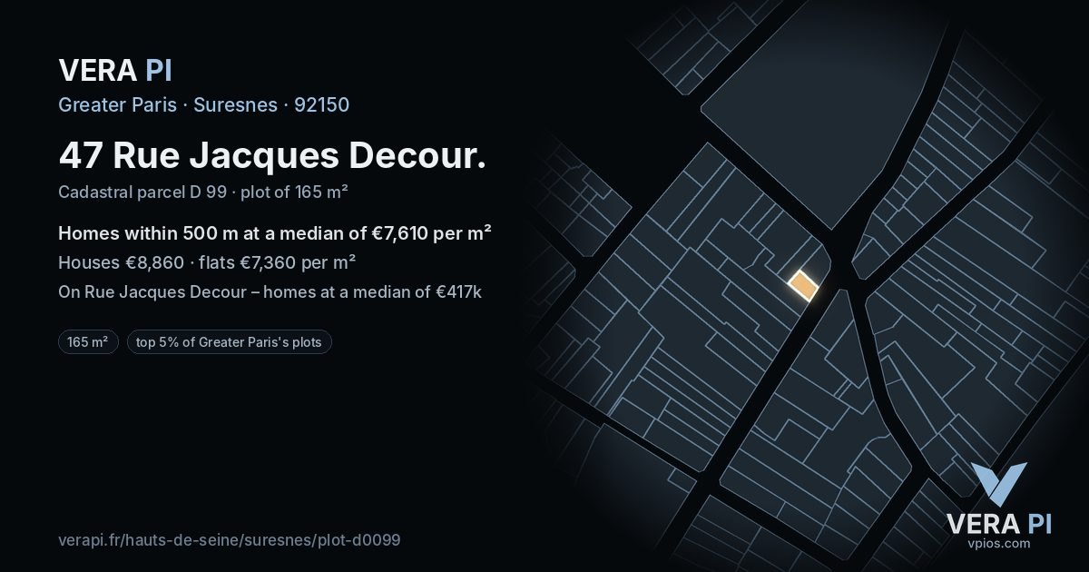 47 Rue Jacques Decour, Suresnes at night – the plot lit, the parcels around coloured by the prices near them