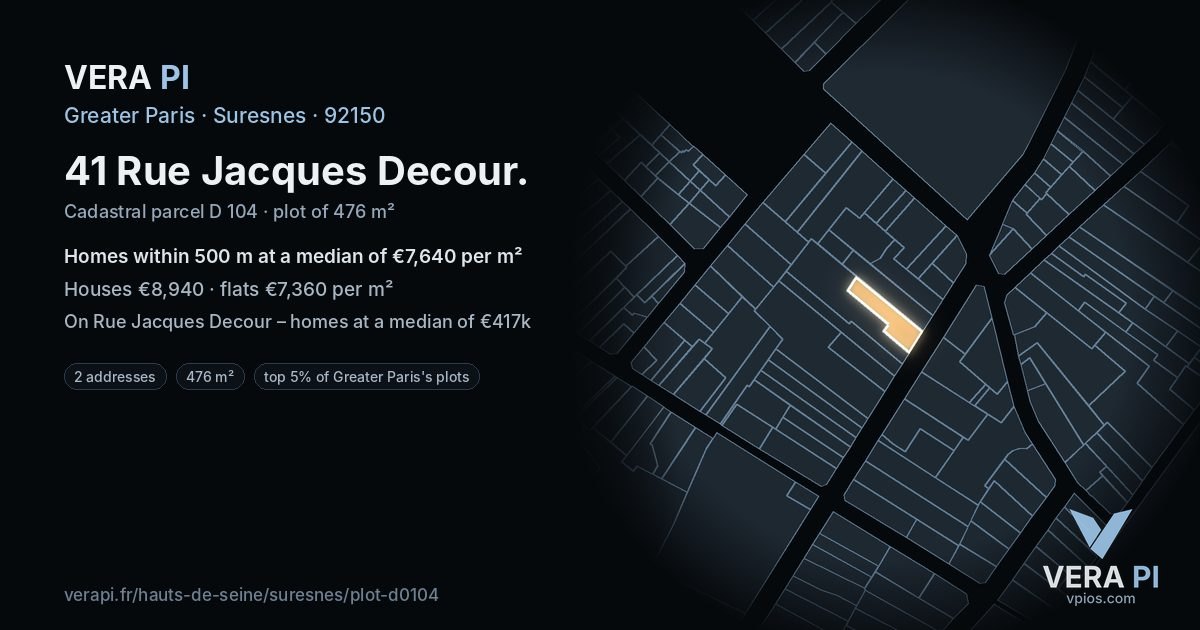 41 Rue Jacques Decour, Suresnes at night – the plot lit, the parcels around coloured by the prices near them