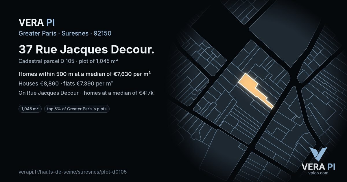 37 Rue Jacques Decour, Suresnes at night – the plot lit, the parcels around coloured by the prices near them