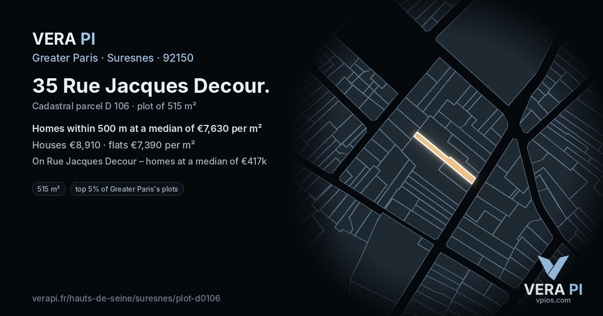 35 Rue Jacques Decour, Suresnes at night – the plot lit, the parcels around coloured by the prices near them