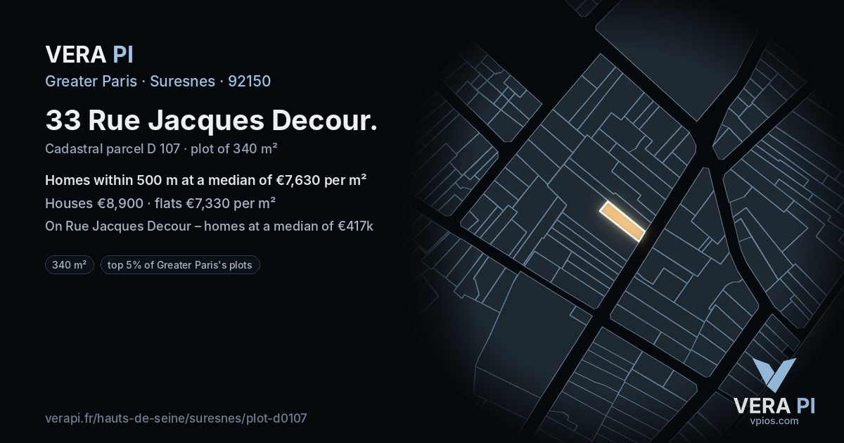 33 Rue Jacques Decour, Suresnes at night – the plot lit, the parcels around coloured by the prices near them